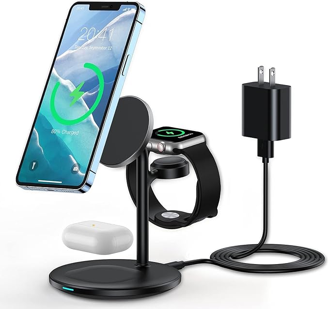 XooFly 3 in 1 Wireless Charging Station for Apple Devices, Fast Wireless Mag-Safe Charger Stand with 20W Adapter for iPhone 17/16 15 14 13 12 Pro Max/Pro/Plus/Air/Mini, iWatch, AirPods (Black)