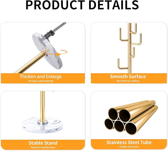 ZOZOE Metal Modern Coat Racks, Cactus Coat Rack Freestanding with Natural Marble Base, Golden Coat Rack Stand with 8 Hooks, Coat Tree Hanger Stand for Bags, Hats, Entryway, Office