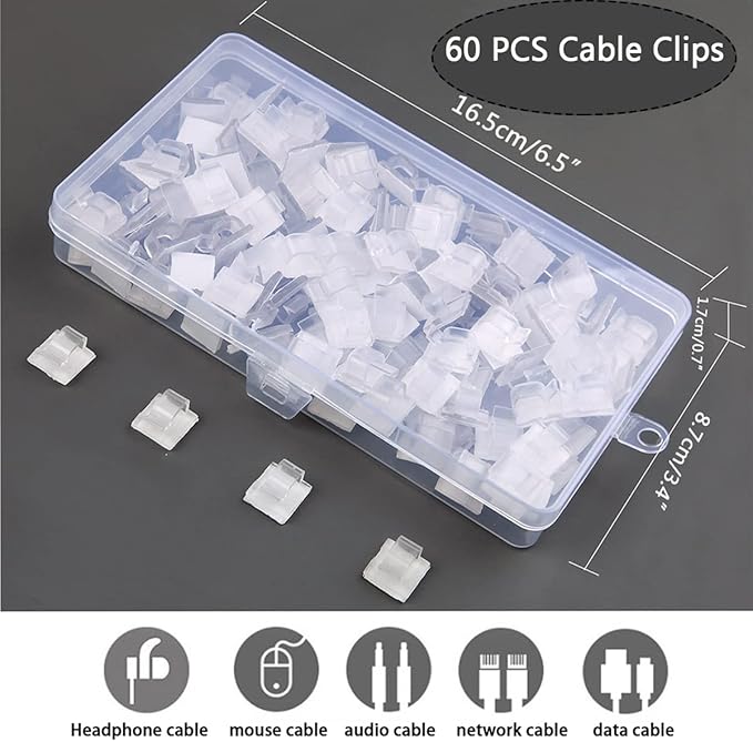 60PCS Cable Clips, KGROTE Outdoor Wire Clips Adhesive Cable Hooks Cord Organizer Holder Christmas Light Clips for Desk, Wall Cable Management, String Lights, Fairy Lights, Decorations Hanging - Clear