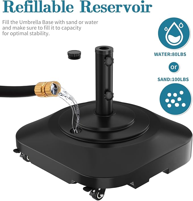 Umbrella Base,Heavy Duty Umbrella Stand with 5 Wheels, Max 180lb Fillable Umbrella Holder Wind-Resistant, Mobile Square Market Stand for Outdoor, Deck, Lawn, Fits Most Sized Umbrellas (21inch)