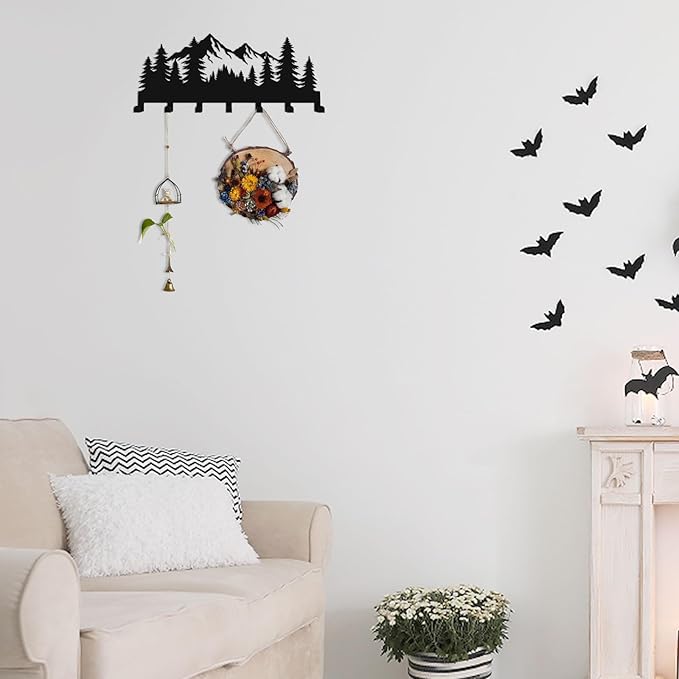 Key Holder Wall Mounted Key Hooks, Black Metal Key Rack Hooks, Grove, Mountain Theme Wall Decoration Hooks, with 7 Hooks, Applicable to Front Doors, Lobby,Corridor, Offices (12 ")