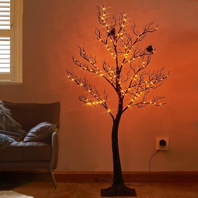 Birchlitland Halloween Tree with Lights 150 Orange Fairy Lights, 4TF Tell Black Glittered Tree Lights Pull in for Indoor and Outdoor Halloween Party Decoration