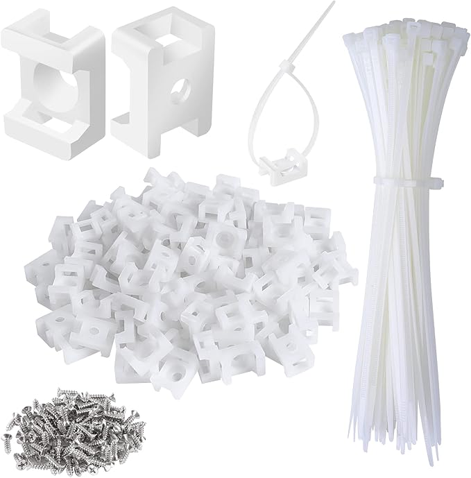 100 Pcs Cable Zip Tie Saddle Type Mounts Base with 100 Pcs 8" Cable Ties and 100 Pcs Tapping Screw, Wire Cable Clips Organizer Holders Clamps White