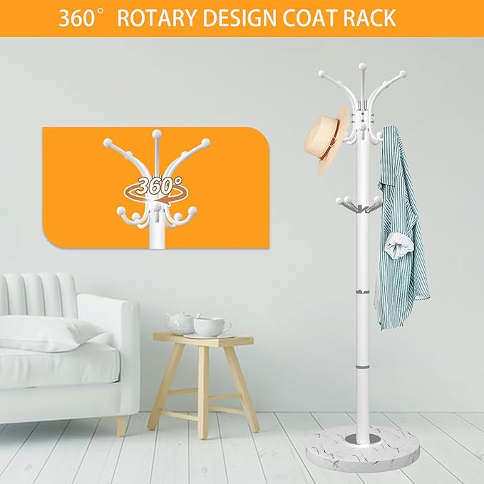 ZOZOE Metal Coat Rack Stand, Modern Coat Rack Freestanding with Natural Marble Base, 360° Rotary Design Coat Racks with 14 Hooks,White Coat Tree Hanger Stand for Bags,Hats,Entryway,Office