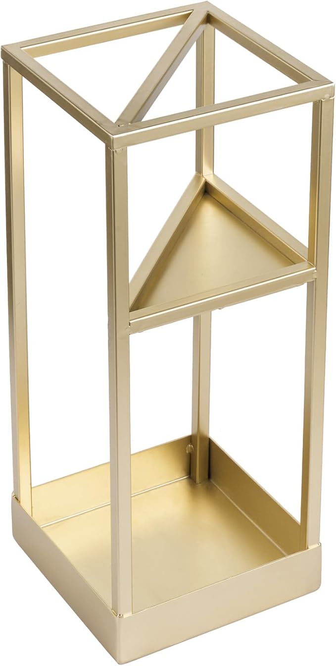Umbrella Stand,Umbrella Holder for Entryway,20 Inch Tall Modern Brass Tone Metal Geometric Freestanding Entryway Umbrella Rack or Cane Holder with Shelf for Small Umbrellas and Bottom Drip Tray