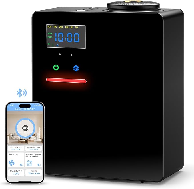Waterless Essential Oil Diffuser 5000 Sq.Ft Coverage for Large Home, Hotel, or Office, 200ml Cold Air Scent Diffuser Machine with Bluetooth App Control, Quiet No-Heat HVAC Fragrance Diffuser