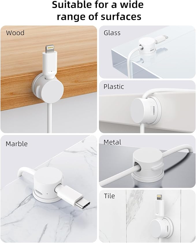 Swiveling Cord Holder, Magnetic Cord Organizer, Inchor Cable Organizer for Desk, 6 Pack Cable Clips for Nightstand, Adhesive Cable Holder Cable Management Clips for Car Home Office (White)
