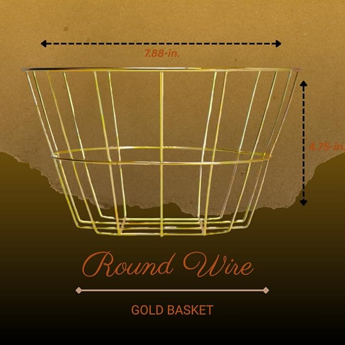 (1) Gold Wire Mental Modern Storage Basket 7.88Inch Decorative Round Open Design for Home Decor Organization Kitchen Bathroom Office Essentials