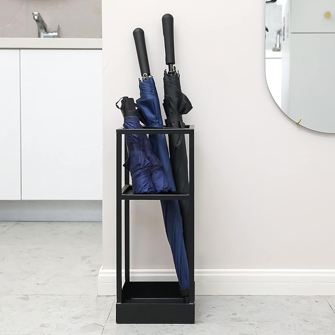 MyGift Umbrella Stand,Umbrella Holder for Entryway,20 Inch Tall Modern Metal Geometric Freestanding Umbrella Rack or Cane Holder with Shelf for Small Umbrellas and Bottom Drip Tray (Black)