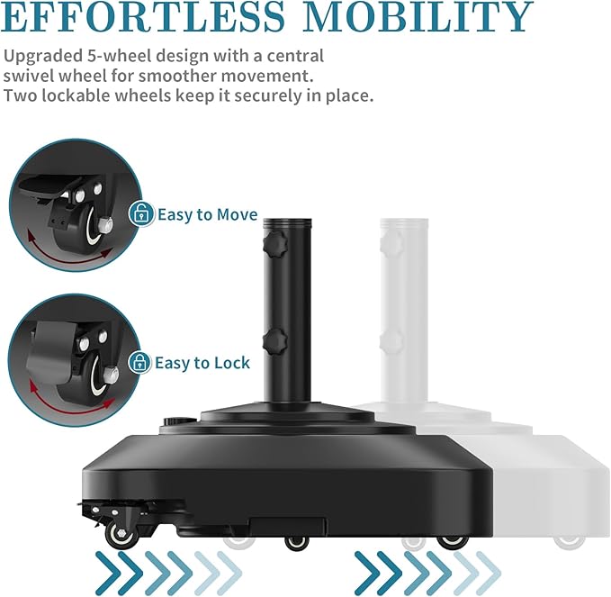 Umbrella Base,Heavy Duty Umbrella Stand with 5 Wheels, Max 135lb Fillable Umbrella Holder Wind-Resistant, Mobile Square Market Stand for Outdoor, Deck, Poolside, Lawn (19)