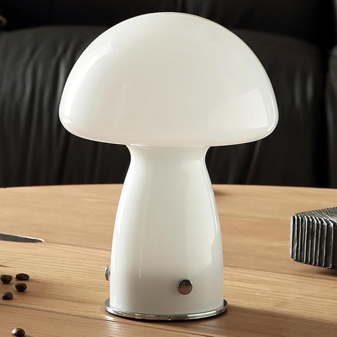 White Small Mushroom Table Lamp,3000K Warm Light Glass Desk Lighting,Bauhaus Decorative Nightstand Lamp,Vintage Style Table Light for Living Room Office
