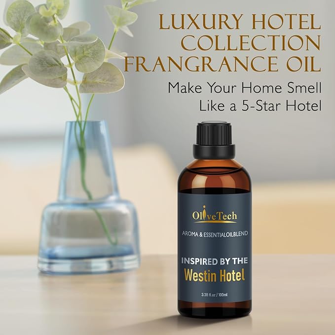 Hotel Diffuser Oil Inspired by Westin Hotel Scent, OliveTech Aromatherapy Fragrance Oil for Cold Air & Ultrasonic Diffusers, 100ml / 3.38 ft oz Glass Bottle