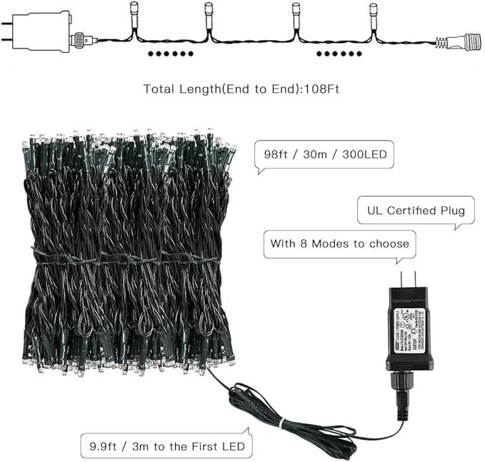 AmyHomie Purple Christmas Lights, 108Ft 300LED Halloween String Lights, 8 Modes Waterproof Fairy Lights for Outdoor & Indoor Home Patio Garden Party Wedding Decor