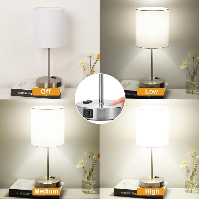 𝟮𝟬𝟮𝟯 𝗡𝗘𝗪 Set of 2 Touch White Table Lamps with 2 USB Ports & AC Outlet, 3-Way Dimmable Bedside Nightstand Lamps for Bedroom Living Room Nursery , 800 Lumens 5000K Daylight Bulbs Included