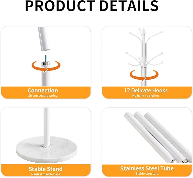 ZOZOE Metal Coat Rack Stand, Modern Coat Rack Freestanding with Natural Marble Base, Sturdy Coat Racks with 12 Hooks & Umbrella Holder,White Coat Tree Hanger Stand for Bags,Hats,Entryway,Office
