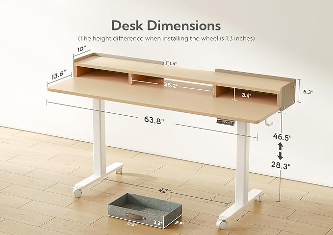 YDN Standing Desk with Drawers, 63 Inch Standing Desk Adjustable Height, Adjustable Electric Stand Up with Storage and Shelf, Natural