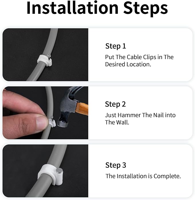 Cable Clips, 100 Pcs, 8mm, Wire Wall Clips with Steel Nails, Cable Management Organizer Clips, Cable Tacks Coax Holder Clips, RG6 RG59 CAT6 RJ45 Cable Cord Clips, White