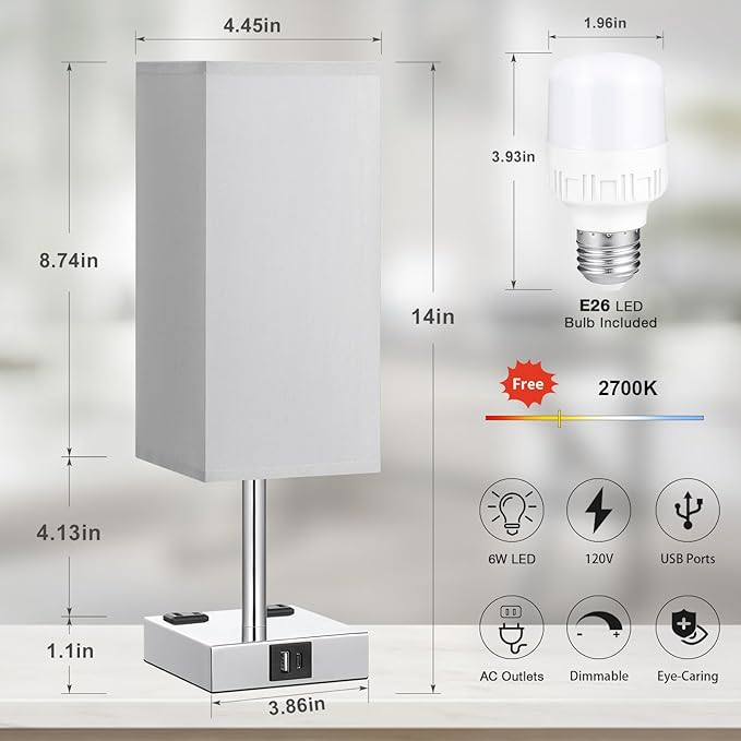 【Upgraded】Bedside Table Lamp Touch Control, with USB C+A Charging Ports & Dual AC Outlets, 3-Way Nightstand Lamp for Bedroom with LampShade Living Room Office(LED Dimmable Bulb Included)
