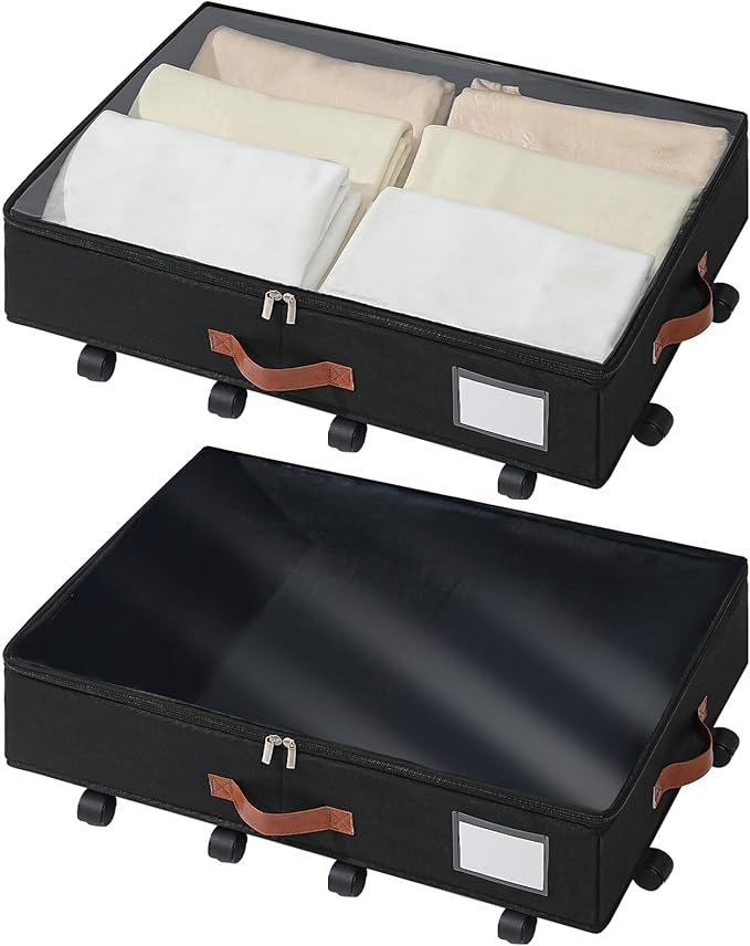 Under Bed Storage Organizer with Wheels, Underbed Container with Clear Lid Cover, Storage Bag Box with Visiable Window for Clothes, Bedsheet, Pillow, 2 Pack，5.5 inches