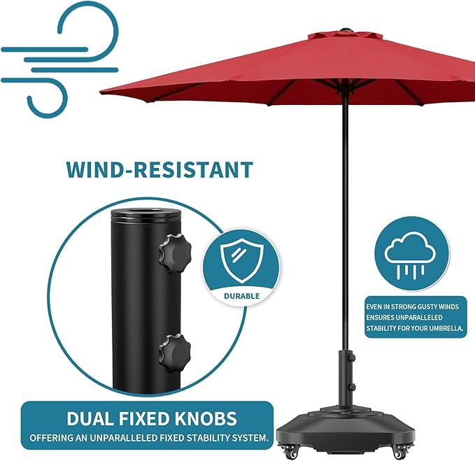 Umbrella Base,Heavy Duty Umbrella Stand with 5 Wheels, Max 180lb Fillable Umbrella Holder Wind-Resistant, Mobile Square Market Stand for Outdoor, Deck, Lawn, Fits Most Sized Umbrellas (21inch)