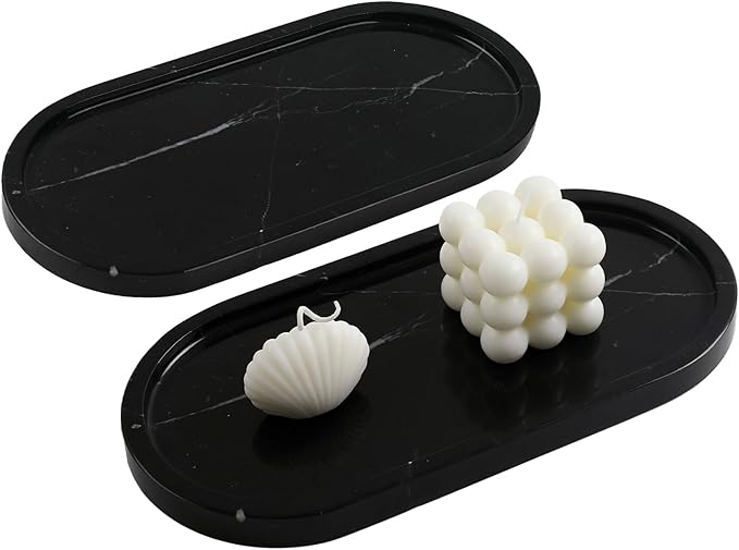 Adolif 2Pcs Black Marble Vanity Tray, Oval Marble Tray for Bathroom Storage Home Decor, 12 x 6 Inch
