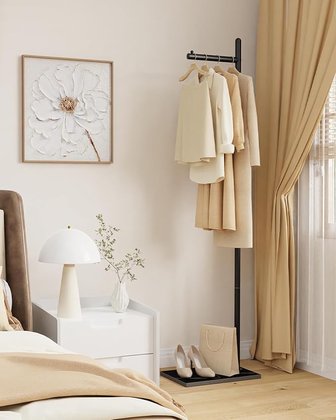 Yawinhe Metal Coat Rack, Coat Tree with Rock Base,L Shaped Freestanding Hall Tree, Clothes Hanger Stand Suitable for Bedroom, Hallway, Entrance,68.5 Inches High,Black,USMJ101B