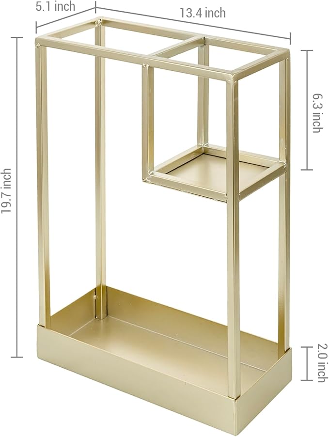 MyGift Modern Brass Tone Metal Entryway Umbrella Rack with Geometric Design, 13 x 5-inch Wide Rectangular Freestanding Cane Umbrella Holder with Shelf for Small Umbrellas and Bottom Drip Catch Tray