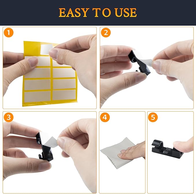 SOULWIT 50 Pcs Self Adhesive Cable Management Clips, Cable Organizers Sticky Wire Clips Cord Holder for TV PC Laptop Ethernet Cable Desktop Home Office (Black)