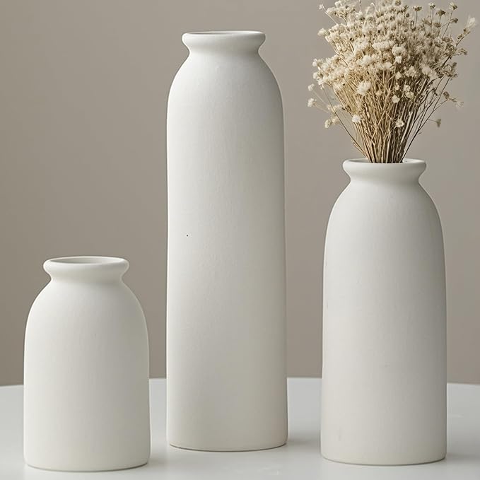 10.6 inches Tall Decorative Ceramic Vase Set, 3 Pieces, Nordic Modern Boho Style, White, for Home Decor (White)
