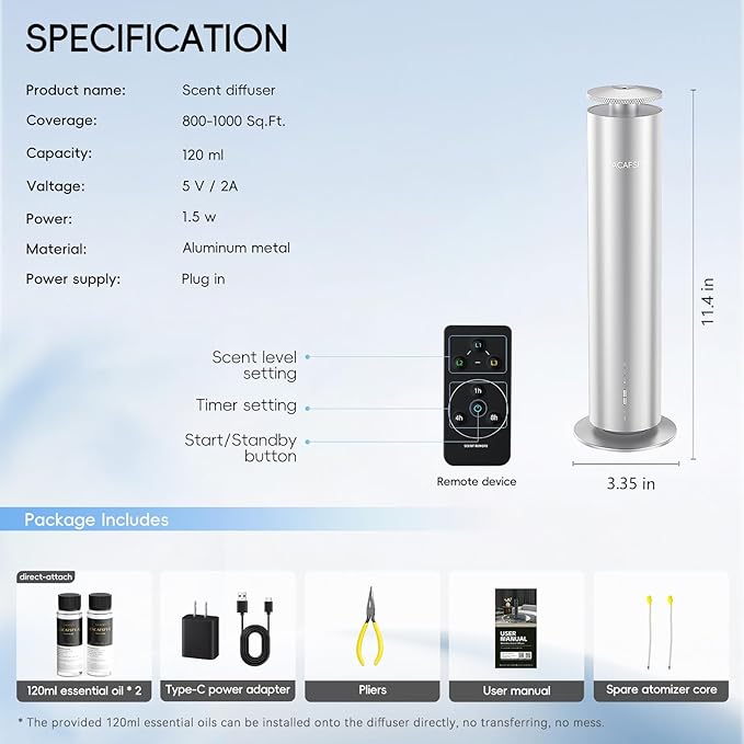 Waterless Scent Diffuser Kit-Include 2x120ml Essential Oils, Essential Oil Diffuser for Home, Hotel & Office, APP&Remote Control, Quiet Operation, Pets and Kids Friendly, Coverage 1000 Sq Ft