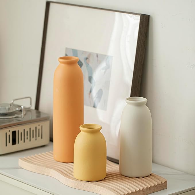 10.4 inches Tall Decorative Ceramic Vase Set, 3 Pieces, 10 inches Nordic Modern Style, White, Farmhouse Home Boho Shelf Decor(Orange)