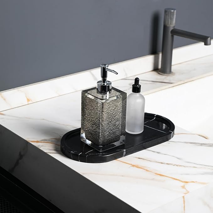 Adolif 2Pcs Black Marble Vanity Tray, Oval Marble Tray for Bathroom Storage Home Decor, 12 x 6 Inch