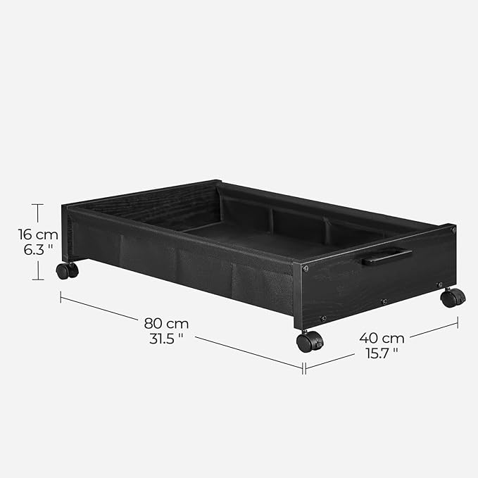 Under Bed Storage with Wheels, Wooden Under Bed Drawers On Wheels, Rolling Under Bed Shoe Storage, Space Saving, Black,50L