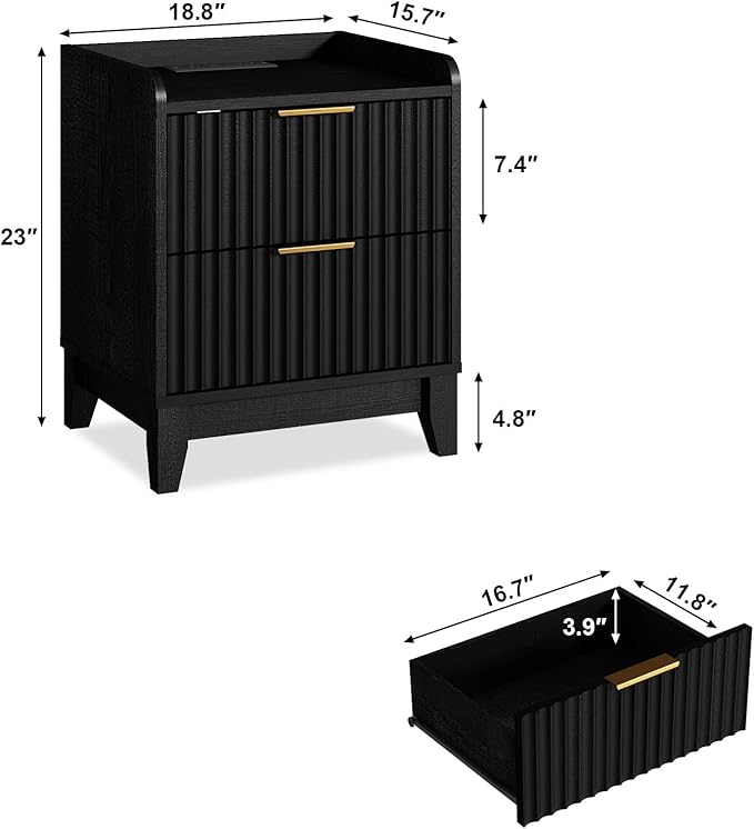 Wnutrees Fluted Nightstand with Charging Station, Modern Bedside Table with 2 Drawers, Farmhouse Wooden End Side Table Living Room, Black