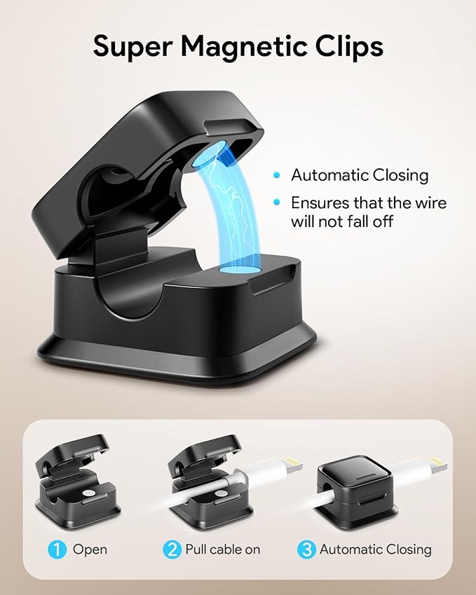 10 Pack Magnetic Cord Organizer Holder, Adjustable Cable Clips, Strong Adhesive Desk Cable Management Clips for Nightstand, Office, Car, Easy Open Design for Tidy Wire Organization