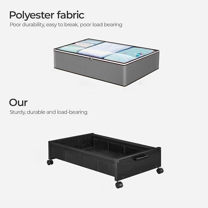 Under Bed Storage with Wheels, Wooden Under Bed Drawers On Wheels, Rolling Under Bed Shoe Storage, Space Saving, Black,30L