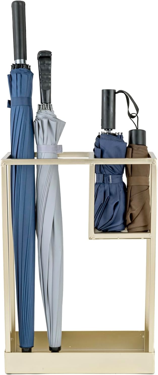 MyGift Modern Brass Tone Metal Entryway Umbrella Rack with Geometric Design, 13 x 5-inch Wide Rectangular Freestanding Cane Umbrella Holder with Shelf for Small Umbrellas and Bottom Drip Catch Tray
