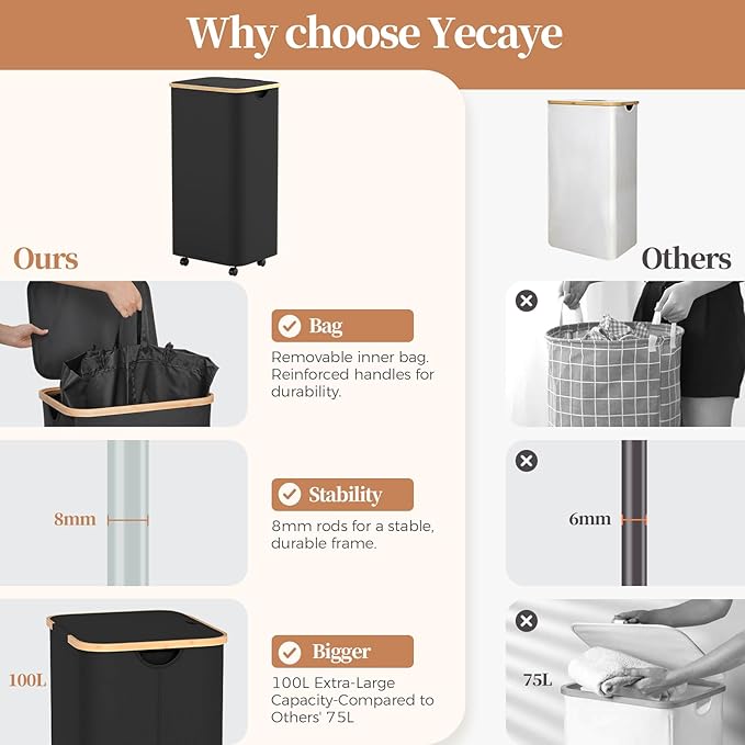 Yecaye 100L Large Capacity Laundry Hamper – Foldable Rolling Laundry Basket, Mobile Clothes Hamper with Wheels, Removable Inner Bag, Bamboo Handle Lid Laundry Bin – Multi-Use Storage, Black