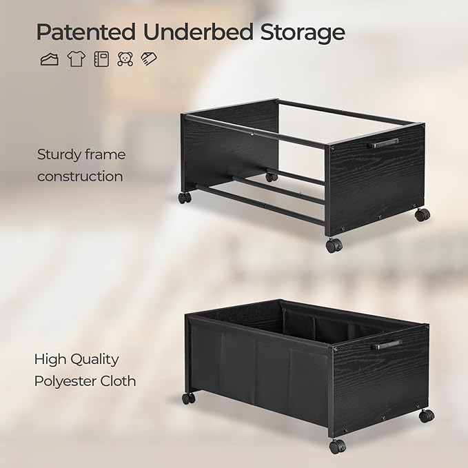 Under Bed Storage with Wheels, Wooden Under Bed Drawers On Wheels, Rolling Under Bed Shoe Storage, Space Saving, Black,70L