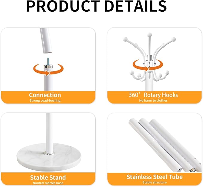 ZOZOE Metal Coat Rack Stand, Modern Coat Rack Freestanding with Natural Marble Base, 360° Rotary Design Coat Racks with 14 Hooks,White Coat Tree Hanger Stand for Bags,Hats,Entryway,Office