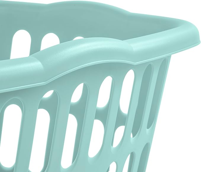 Sterilite 1.5 Bushel Rectangular Laundry Basket, Plastic, Classic Design for Carrying Clothes to and from the Laundry Room, White and Aqua, 12-Pack