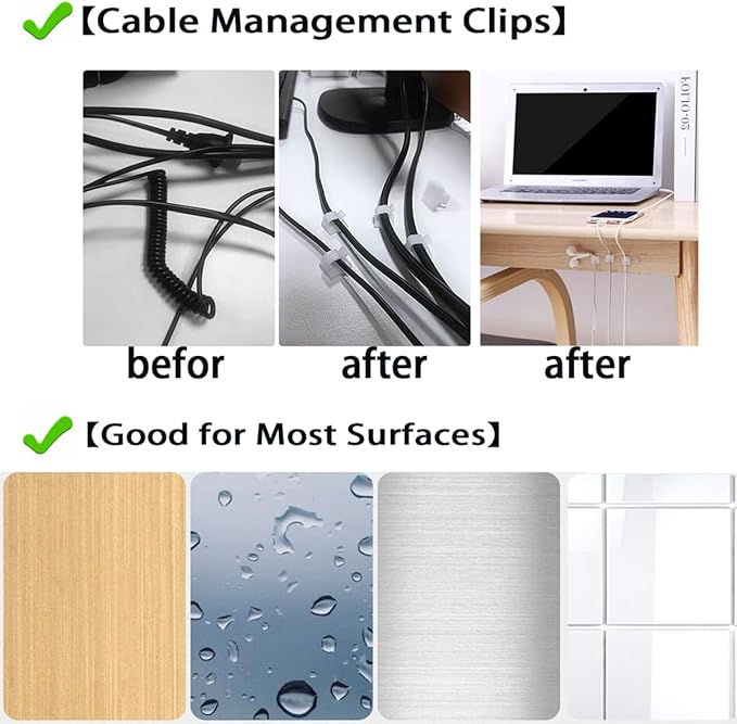 60PCS Cable Clips, KGROTE Extension Cord Clips Outdoor Light Wire Clips Adhesive Cable Hooks Wire Organizer Holder for Desk, Wall Cable Management, Christmas Lights, Decorations Hanging - Large, Clear