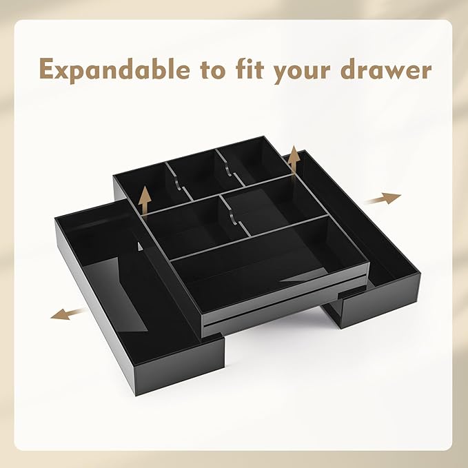 1 PC Acrylic Desk Drawer Organizer 2 Inch Height Expandable Drawer Organizer Trays with 8 Adjustable Compartments Desk Accessories for Makeup Silverware Office Bathroom(Black,Classic)