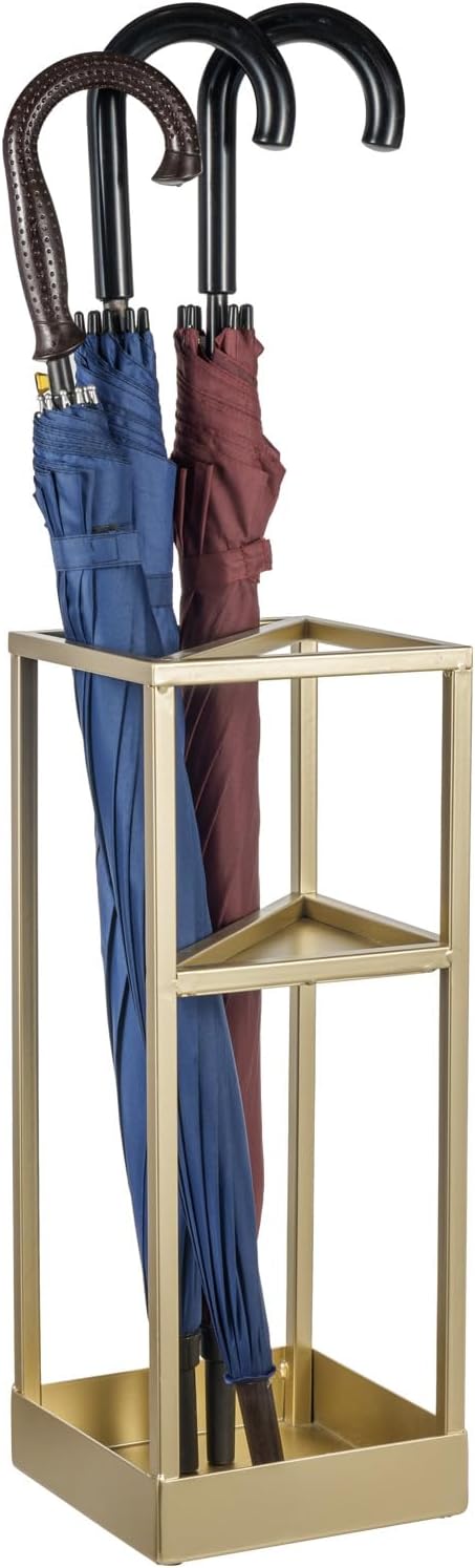 Umbrella Stand,Umbrella Holder for Entryway,20 Inch Tall Modern Brass Tone Metal Geometric Freestanding Entryway Umbrella Rack or Cane Holder with Shelf for Small Umbrellas and Bottom Drip Tray