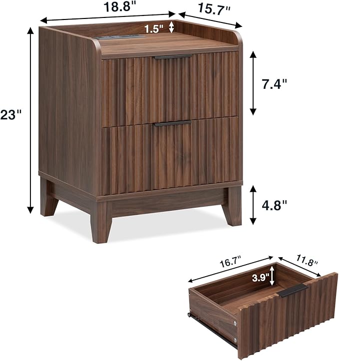 Wnutrees Fluted Nightstand with Charging Station, Modern Bedside Table with 2 Drawers, Farmhouse Wooden End Side Table for Living Room, Brown