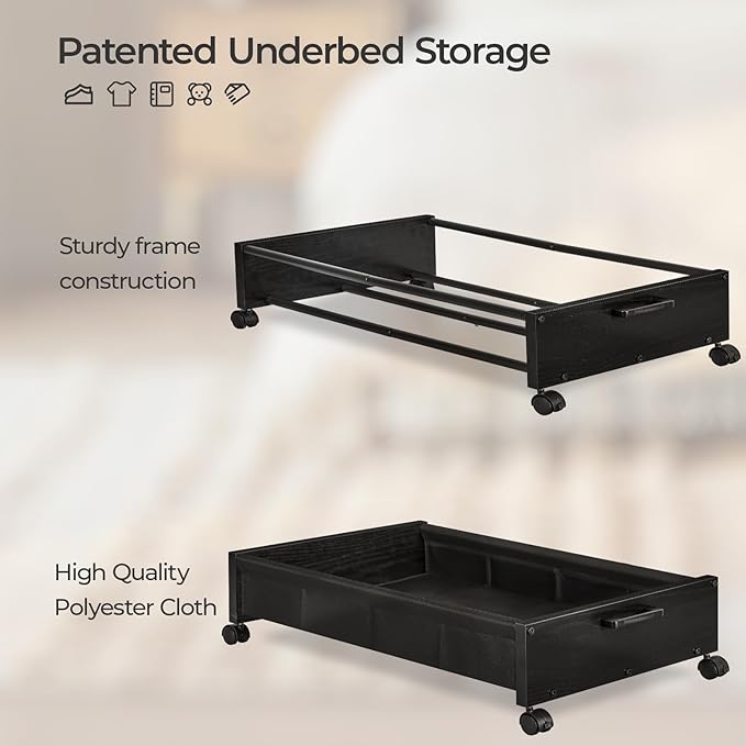 Under Bed Storage with Wheels, Wooden Under Bed Drawers On Wheels, Rolling Under Bed Shoe Storage, Space Saving, Black,50L