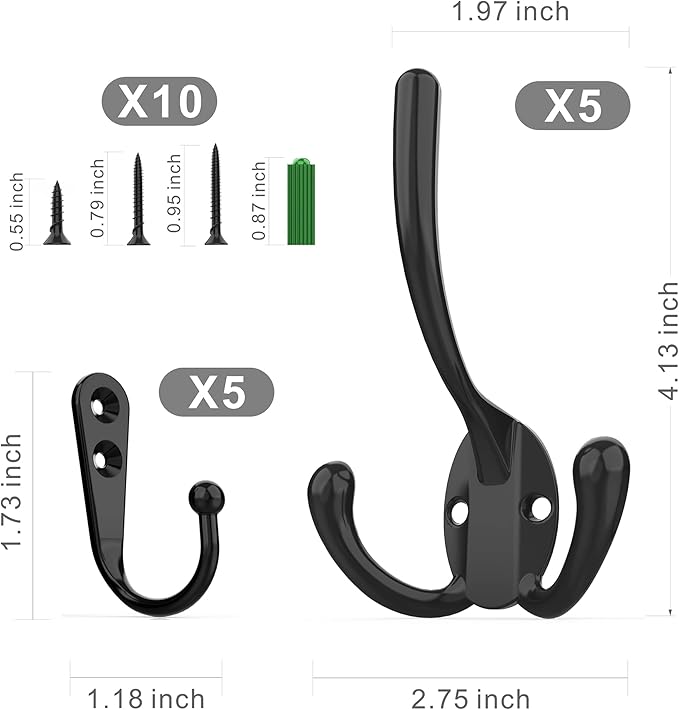 10 Pack Heavy Duty Wall Mounted Black Coat Hooks With 30 Screws - Mudroom, Backpack, Robe, Hat Hooks (Two Types of Hooks + Three Types of Screws Included)