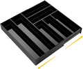 1 Pcs Acrylic Drawer Organizer 9'' up to 18'' x 15'' x 2'' Expandable Drawer Organizer Pens Notebook Ruler Makeup Tray with 7 Adjustable Compartments for Desk Office Kitchen Bathroom(Black)