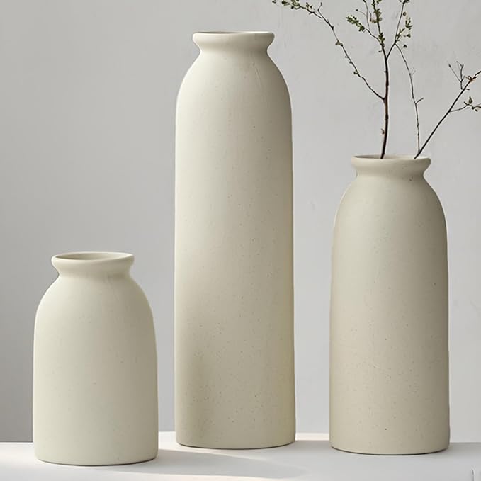 10.4 inches Tall Decorative Ceramic Vase Set, 3 Pieces, Nordic Modern Boho Style, White, for Home Decor (Beige)