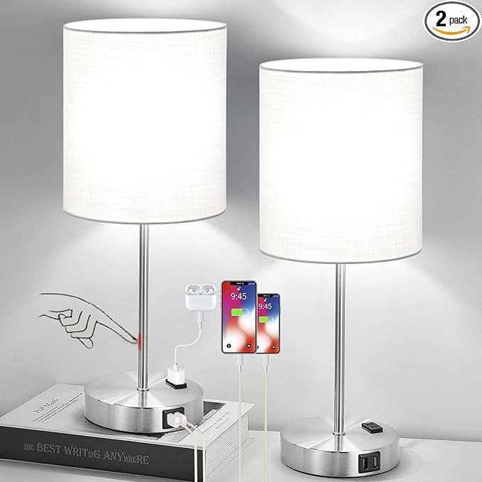 𝟮𝟬𝟮𝟯 𝗡𝗘𝗪 Set of 2 Touch White Table Lamps with 2 USB Ports & AC Outlet, 3-Way Dimmable Bedside Nightstand Lamps for Bedroom Living Room Nursery , 800 Lumens 5000K Daylight Bulbs Included